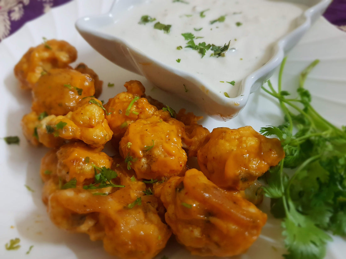 Cauliflower Buffalo Bites with Cashew Dip